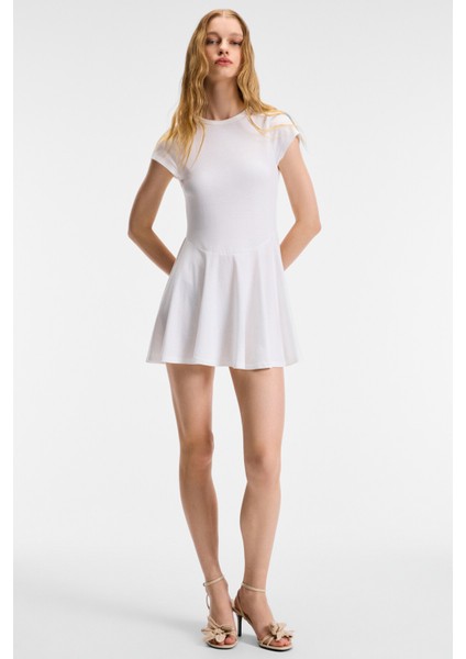 NURVA Kadın Bisiklet Yaka Cap Kol Beli Kesikli Mini Beyaz Elbise fırsatları