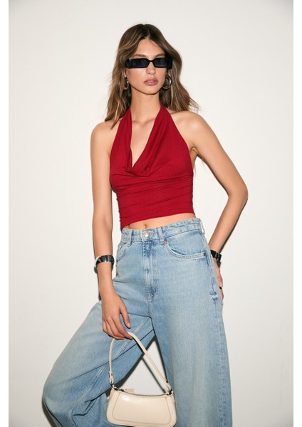 NESLIVA Kadın Degaje Halter Yaka Kalın Askılı Sırtı Açık Crop Kırmızı Bluz modelleri