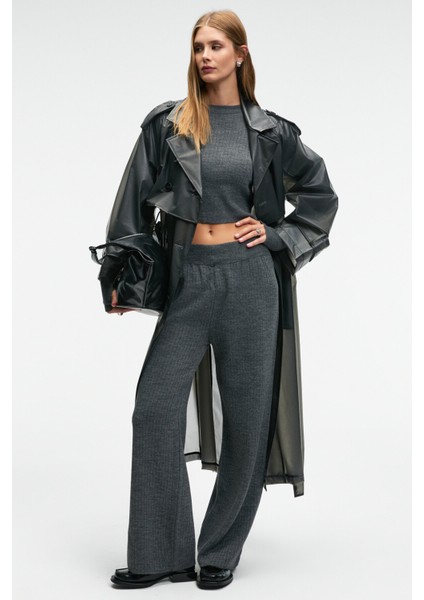 MARIPOSA Kadın Yuvarlak Yaka Çizgi Desenli Crop Geniş Paça Triko Antrasit Alt-Üst Takım