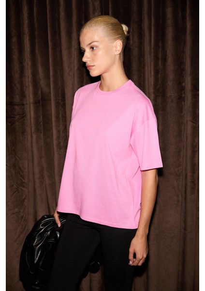 LAGERTHA Kadın %100 organik Pamuklu Kalın Dokulu Oversize Fit Yuvarlak Yakalı Pembe T-Shirt fırsatları