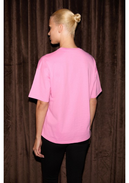 LAGERTHA Kadın %100 organik Pamuklu Kalın Dokulu Oversize Fit Yuvarlak Yakalı Pembe T-Shirt indirimleri