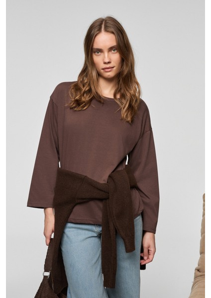 BASIL Kadını Oversize %100 Organik Pamuk Örme Uzun Kol Koyu Kahverengi T-Shirt