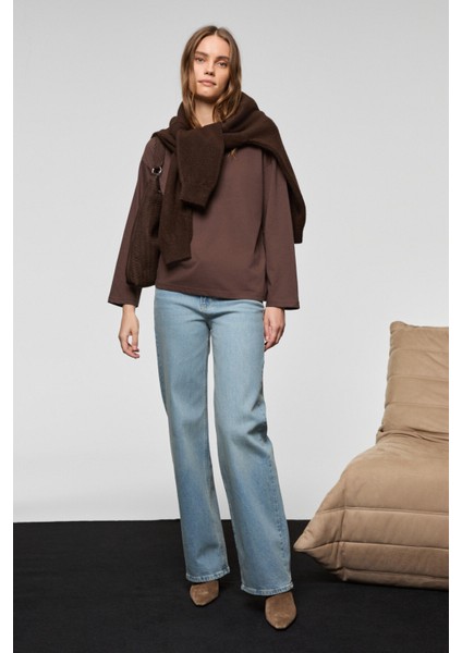 BASIL Kadını Oversize %100 Organik Pamuk Örme Uzun Kol Koyu Kahverengi T-Shirt fiyatları