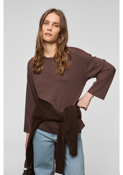 BASIL Kadını Oversize %100 Organik Pamuk Örme Uzun Kol Koyu Kahverengi T-Shirt modelleri