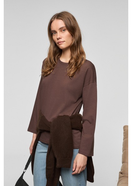 BASIL Kadını Oversize %100 Organik Pamuk Örme Uzun Kol Koyu Kahverengi T-Shirt fırsatları