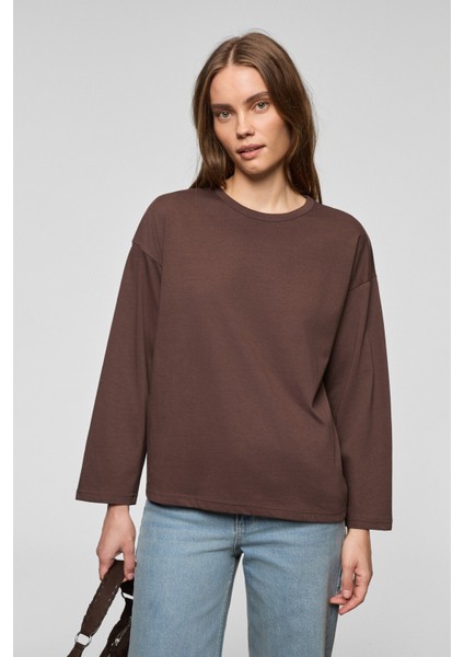 BASIL Kadını Oversize %100 Organik Pamuk Örme Uzun Kol Koyu Kahverengi T-Shirt indirimleri