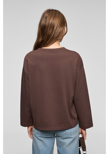 BASIL Kadını Oversize %100 Organik Pamuk Örme Uzun Kol Koyu Kahverengi T-Shirt
