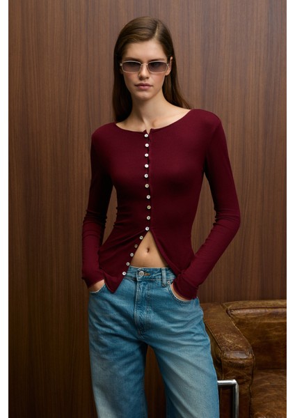 SILLARIE Kadın Uzun Kollu Esnek Kumaşlı Düğmeli Regular Bordo Bluz modelleri