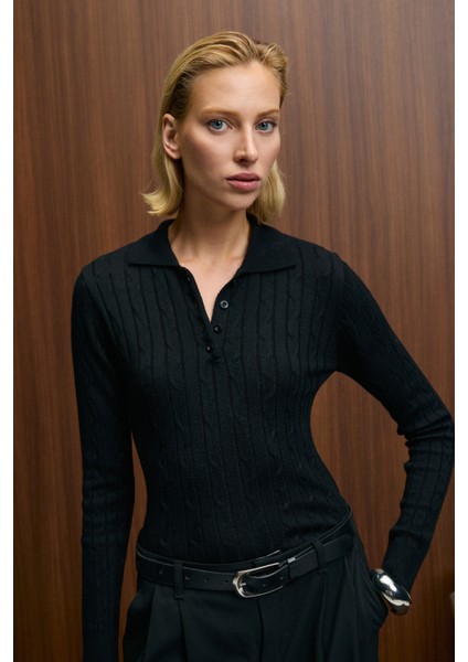 CASTANA Kadın Polo Yaka Düğmeli Regular Fit Triko Siyah Kazak