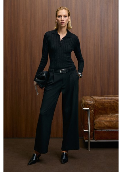 CASTANA Kadın Polo Yaka Düğmeli Regular Fit Triko Siyah Kazak fiyatları