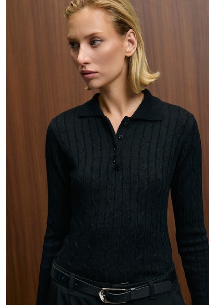 CASTANA Kadın Polo Yaka Düğmeli Regular Fit Triko Siyah Kazak modelleri