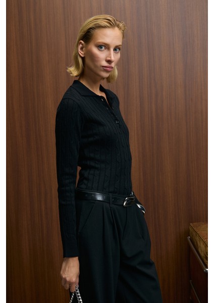 CASTANA Kadın Polo Yaka Düğmeli Regular Fit Triko Siyah Kazak fırsatları