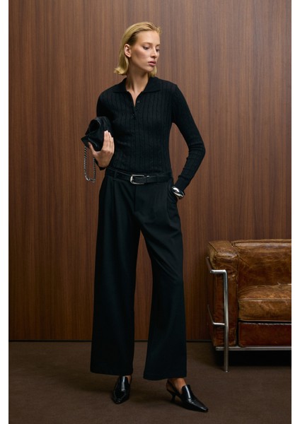 CASTANA Kadın Polo Yaka Düğmeli Regular Fit Triko Siyah Kazak indirimleri