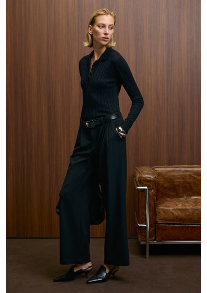 CASTANA Kadın Polo Yaka Düğmeli Regular Fit Triko Siyah Kazak