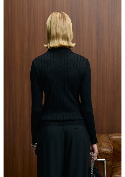 CASTANA Kadın Polo Yaka Düğmeli Regular Fit Triko Siyah Kazak