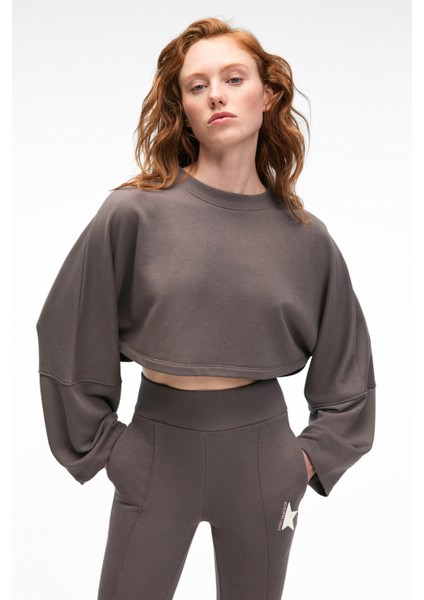 ANOUK Kadın Pamuklu Baskı Ve Patch Detaylı Bisiklet Yaka Crop Antrasit Sweatshirt