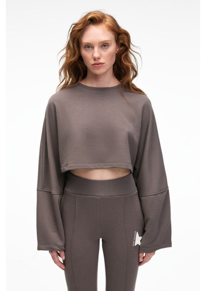 ANOUK Kadın Pamuklu Baskı Ve Patch Detaylı Bisiklet Yaka Crop Antrasit Sweatshirt modelleri