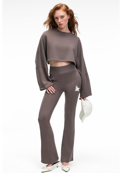 ANOUK Kadın Pamuklu Baskı Ve Patch Detaylı Bisiklet Yaka Crop Antrasit Sweatshirt fırsatları