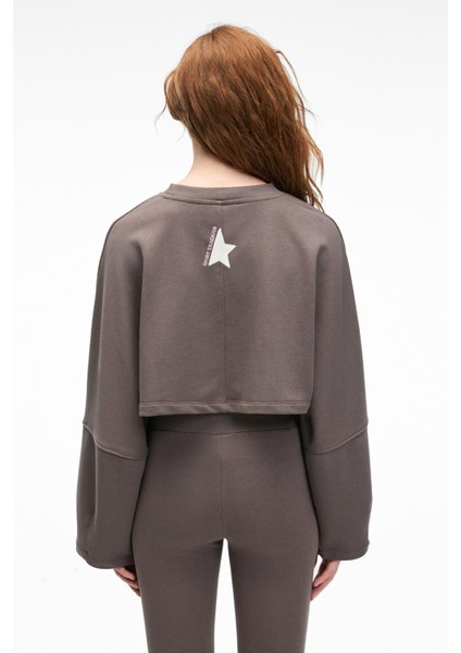 ANOUK Kadın Pamuklu Baskı Ve Patch Detaylı Bisiklet Yaka Crop Antrasit Sweatshirt