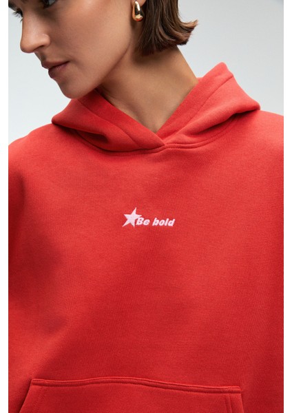 MELUREA Kadın Nakışlı Kapüşonlu Comfort Fit Kırmızı Sweatshirt indirimleri