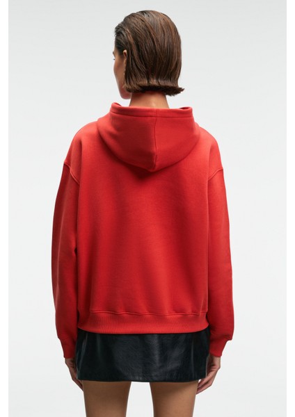 MELUREA Kadın Nakışlı Kapüşonlu Comfort Fit Kırmızı Sweatshirt