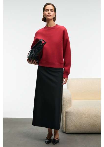 SERENYA Kadın Pamuklu Etiket Detaylı Bisiklet Yaka Kırmızı Sweatshirt modelleri