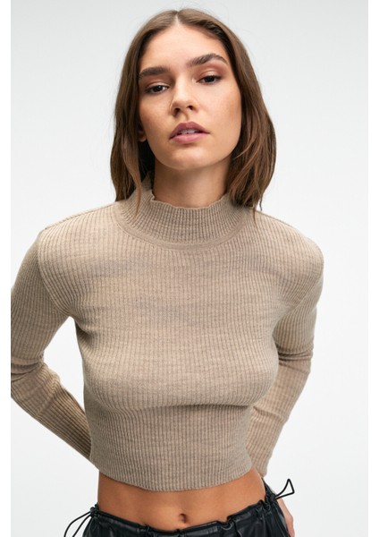 CALIDA Kadın Dik Yaka Fitilli Görünümlü Slim Fit Triko Bej Kazak