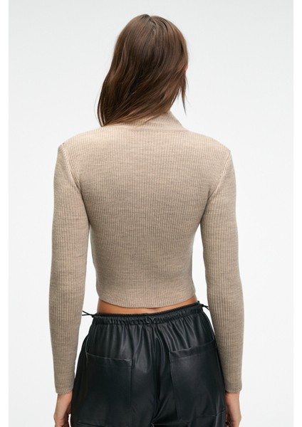 CALIDA Kadın Dik Yaka Fitilli Görünümlü Slim Fit Triko Bej Kazak