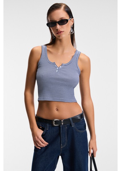 MAVSERA Kadın Kalın Askılı U Yaka Patlı Düğmeli Crop Slim Lacivert / Beyaz Atlet