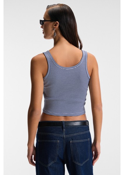 MAVSERA Kadın Kalın Askılı U Yaka Patlı Düğmeli Crop Slim Lacivert / Beyaz Atlet