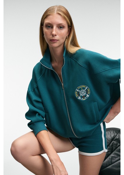 TORMENTA Kadın Nakışlı Fermuarlı Dik Yaka Çift Cepli Reglan Kol Koyu Turkuaz Sweatshirt