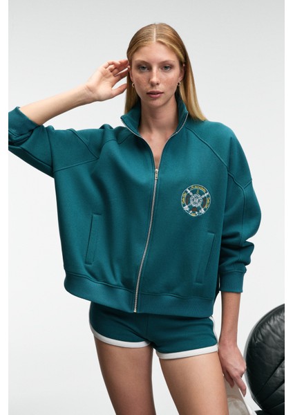 TORMENTA Kadın Nakışlı Fermuarlı Dik Yaka Çift Cepli Reglan Kol Koyu Turkuaz Sweatshirt fiyatları