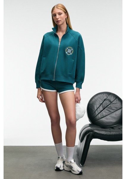 TORMENTA Kadın Nakışlı Fermuarlı Dik Yaka Çift Cepli Reglan Kol Koyu Turkuaz Sweatshirt modelleri