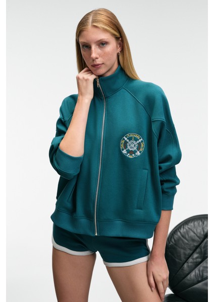 TORMENTA Kadın Nakışlı Fermuarlı Dik Yaka Çift Cepli Reglan Kol Koyu Turkuaz Sweatshirt fırsatları