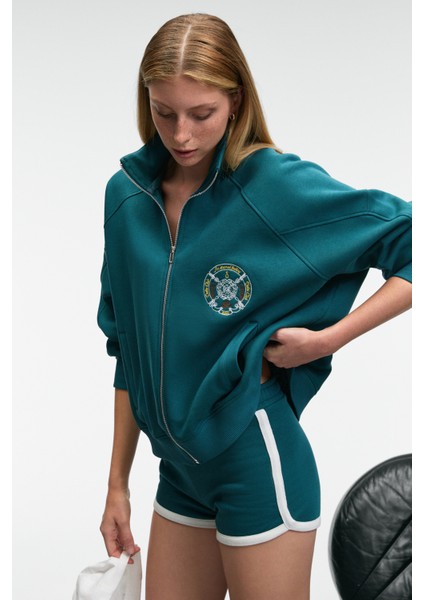 TORMENTA Kadın Nakışlı Fermuarlı Dik Yaka Çift Cepli Reglan Kol Koyu Turkuaz Sweatshirt indirimleri