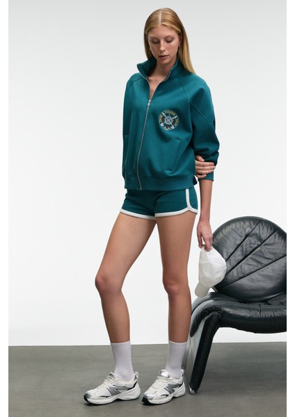 TORMENTA Kadın Nakışlı Fermuarlı Dik Yaka Çift Cepli Reglan Kol Koyu Turkuaz Sweatshirt
