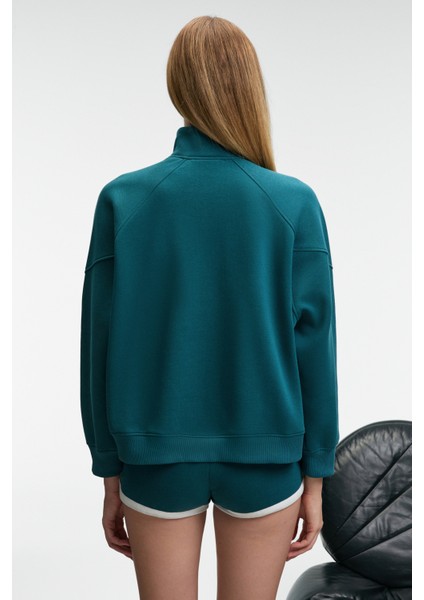 TORMENTA Kadın Nakışlı Fermuarlı Dik Yaka Çift Cepli Reglan Kol Koyu Turkuaz Sweatshirt