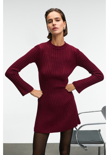 ENCANTO Kadın Yuvarlak Yaka Çizgi Desenli Slim Fit Bordo Elbise