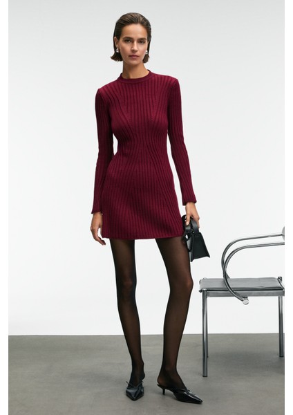 ENCANTO Kadın Yuvarlak Yaka Çizgi Desenli Slim Fit Bordo Elbise fiyatları