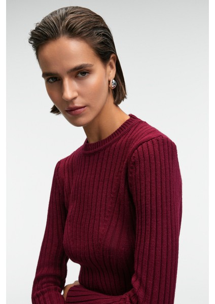 ENCANTO Kadın Yuvarlak Yaka Çizgi Desenli Slim Fit Bordo Elbise modelleri
