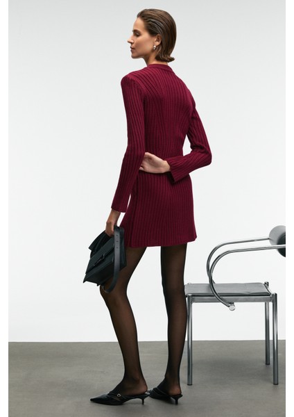 ENCANTO Kadın Yuvarlak Yaka Çizgi Desenli Slim Fit Bordo Elbise indirimleri