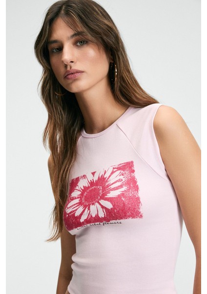 VIOZA Kadın Bisiklet Yaka Önü Baskılı Slim Pembe T-Shirt