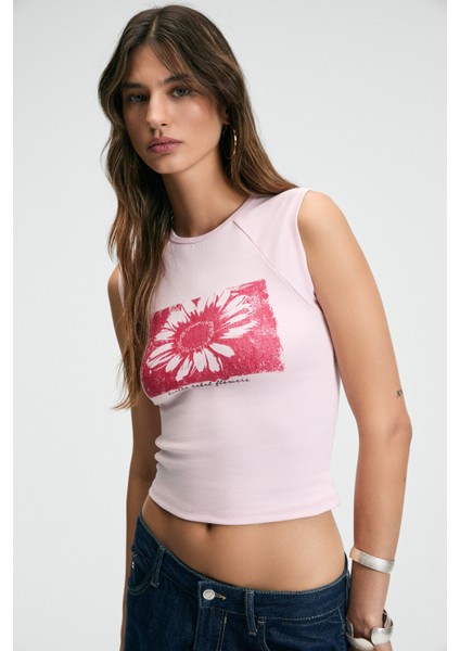 VIOZA Kadın Bisiklet Yaka Önü Baskılı Slim Pembe T-Shirt modelleri