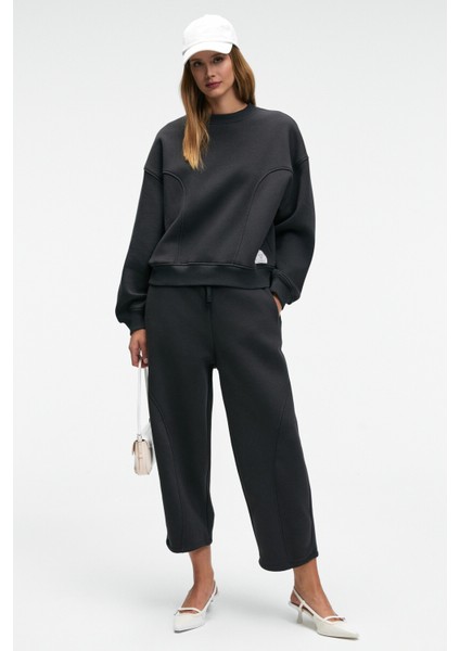 YUVESSA Kadın Oversize Kordonlu Çift Cepli Balon Antrasit Eşofman Altı