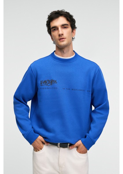 IRVING Erkek Yuvarlak Yaka Göğsü Ve Önü Regular Fit Mavi Sweatshirt