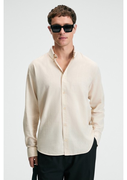 YORDI Erkek Gömlek Yaka Manşetli Flamlı Oxford Kumaş Regular Fit Krem Gömlek