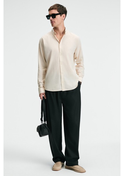 YORDI Erkek Gömlek Yaka Manşetli Flamlı Oxford Kumaş Regular Fit Krem Gömlek modelleri