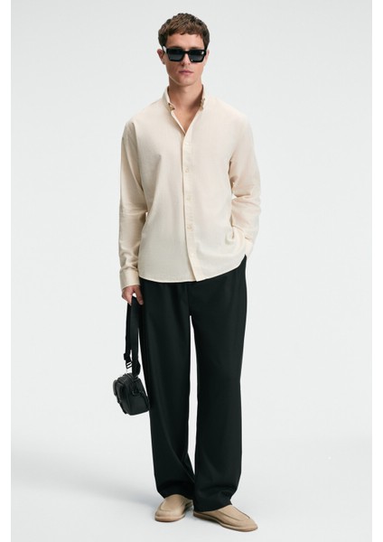 YORDI Erkek Gömlek Yaka Manşetli Flamlı Oxford Kumaş Regular Fit Krem Gömlek fırsatları