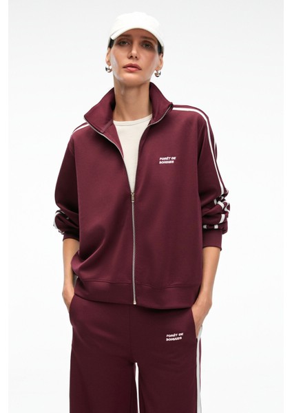 ZINNIE Kadın Regular Nakış Ve Yan Şerit Detaylı Metal Fermuarlı Dik Yaka Bordo Ceket