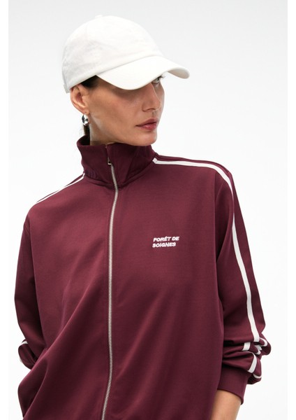 ZINNIE Kadın Regular Nakış Ve Yan Şerit Detaylı Metal Fermuarlı Dik Yaka Bordo Ceket